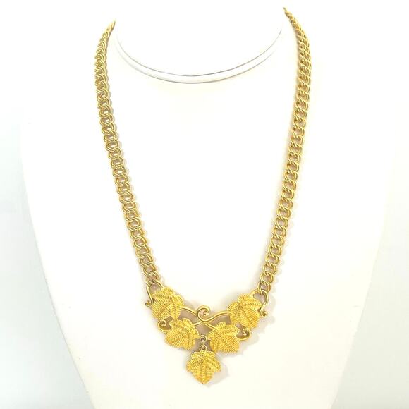 Vtg Gold Tone Leaf Chain Link Statement Necklace Fall Pendant Autumn Extender - Picture 1 of 11